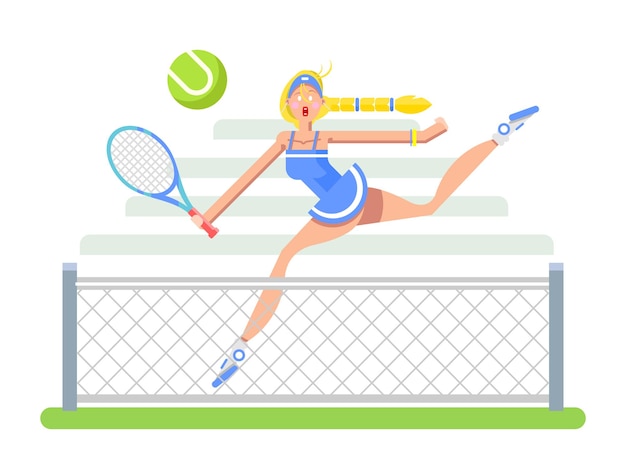 Vrouw tennis speler stripfiguur Sport speler meisje racket en bal platte vectorillustratie