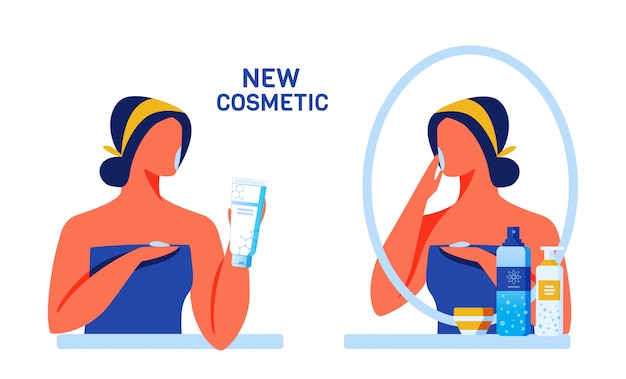 Vrouw testen nieuwe cosmetica voor gezicht en lichaam