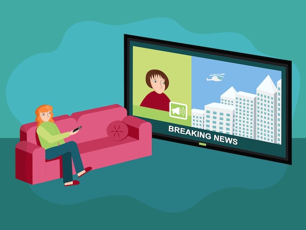 Vrouw thuis tv-nieuws kijken op groot scherm