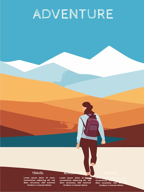 Vector vrouw toerist met rugzak klimt naar de top van de berg kijkt in de verte op is op de horizon vector