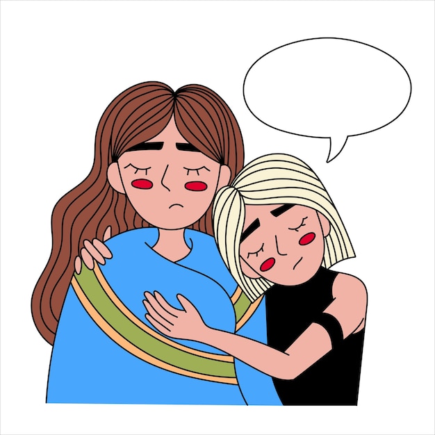 Vrouw troost en steun geven aan vriend houden palm op haar schouder Meisje gevoel stress eenzaamheid angst Vectorillustratie voor counseling empathie psychotherapie vriendschap concept