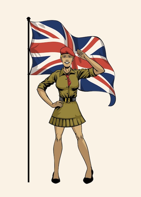 Vector vrouw uit het verenigd koninkrijk die een militair uniform draagt met de achtergrond van de union jack-vlag