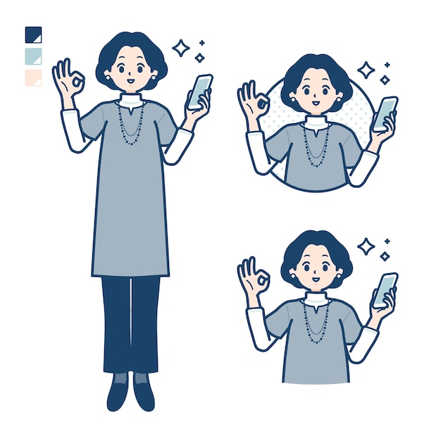 Vrouw van middelbare leeftijd in een tuniek met een smartphone vast en een OK-tekenafbeelding
