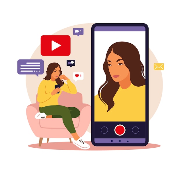 Vrouw video blogger zittend op de bank met telefoon en video opnemen met smartphone. verschillende social media iconen. in vlakke stijl.