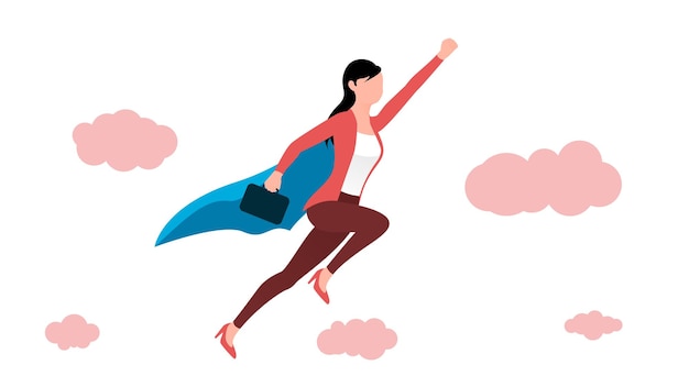 Vrouw vliegen in superheld pose met aktetas zakelijke karakter vectorillustratie op witte background
