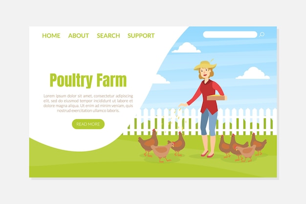 Vrouw voedt kippen Vrouwelijke boer zorgt voor pluimvee op de boerderij Vector illustratie