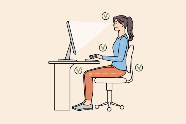 Vrouw werkt op de computer aan tafel in de juiste positie