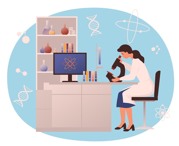 Vrouw wetenschapper kijkt in de microscoop in het laboratorium Genomische genetische test DNA-analyse
