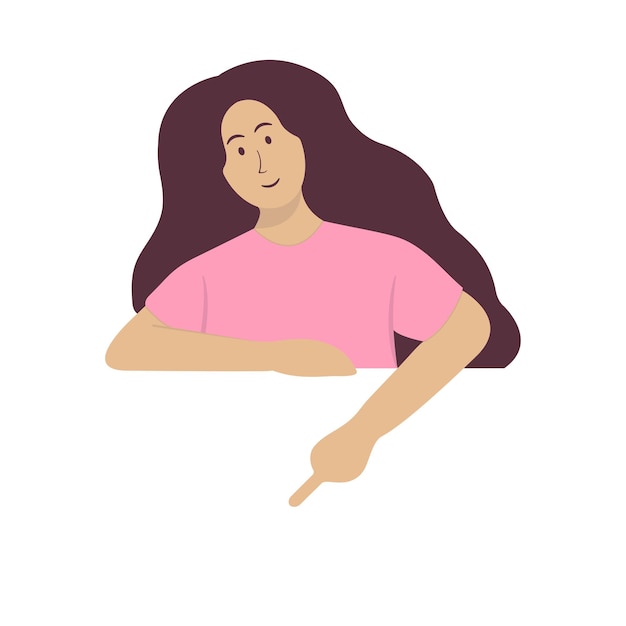 Vector vrouw wijzend naar de onderste lege ruimte vector ontwerp illustratie