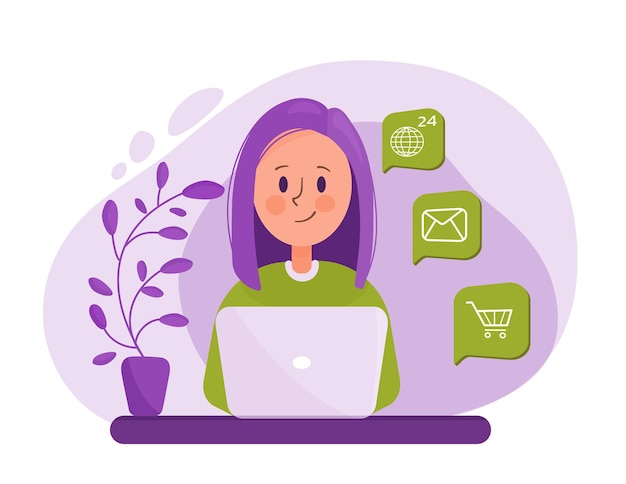 Vector vrouw winkelt thuis online glimlachende klant met laptop die online bestelling doet vrouw koopt cadeaus en kleding