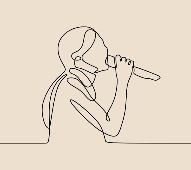 Vrouw zingt gebruik microfoon oneline continue single line art