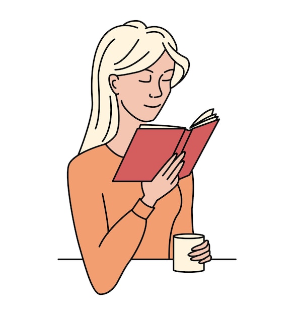 Vrouw zit aan tafel, leest een boek en drinkt koffie