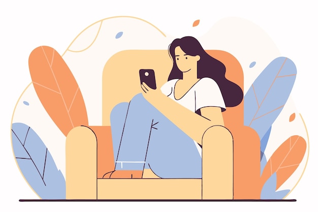 Vrouw zit in een fauteuil met een telefoon illustratie kunst op een witte achtergrond
