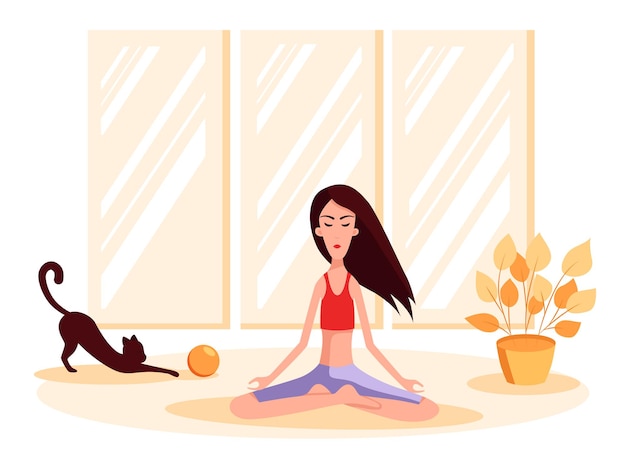 Vrouw zit in lotushouding, naast haar speelt een kat met een bal. Kleur cartoon vectorillustratie. Blijf thuis.