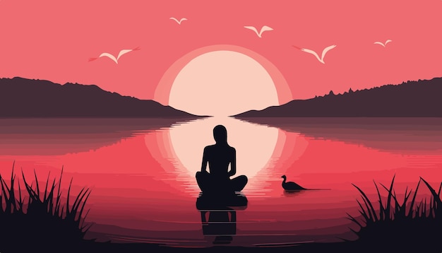 vrouw zit op een boot in het meer bij zonsondergang vector illustratie