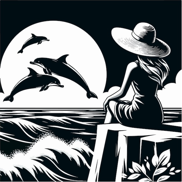 Vrouw zit op het strand met dolfijn uitzicht ai gegenereerd beeld