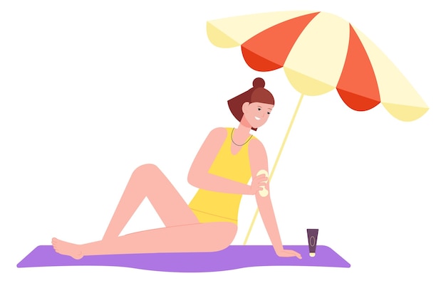 Vrouw zit op strandhanddoek en brengt zonnebrandcrème aan Zomerzonbescherming