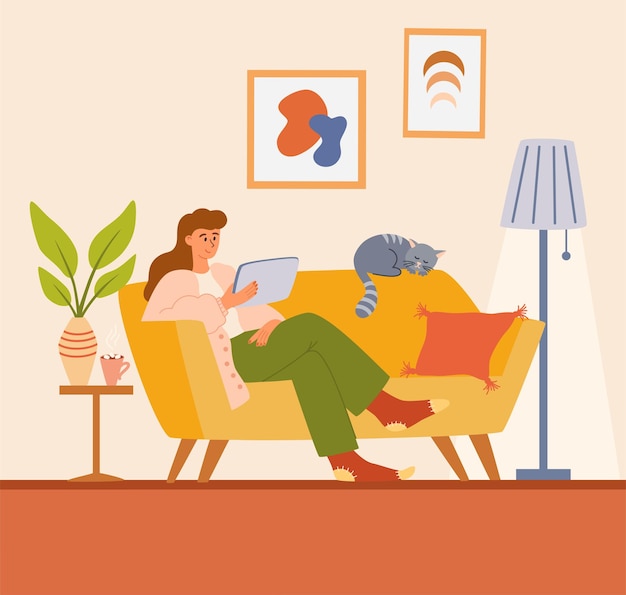Vrouw zitten met laptop op de Bank gezellige Scandinavische interieur meisje tijd online doorbrengen dagelijks leven van sociale media netwerken gebruiker Rust thuis woonkamer interieur vectorillustratie