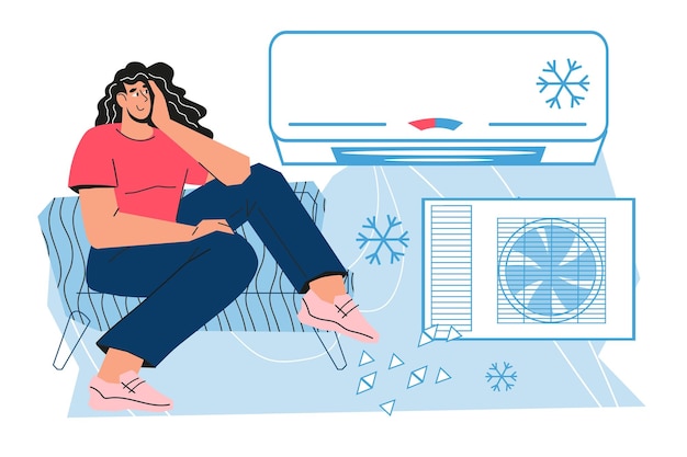 Vrouw zitten onder airconditioner thuis platte vectorillustratie geïsoleerd