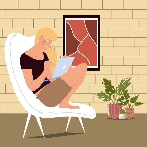 Vector vrouw zittend op de stoel bezig met laptop in de kamer met planten, werken thuis illustratie