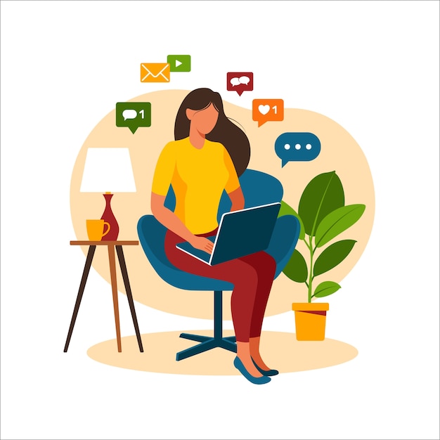 Vrouw zittend op een stoel met laptop. Werken op een computer. Freelance, online onderwijs of social media-concept. Freelance of studeren concept. Vlakke stijl modern geïsoleerd op wit.