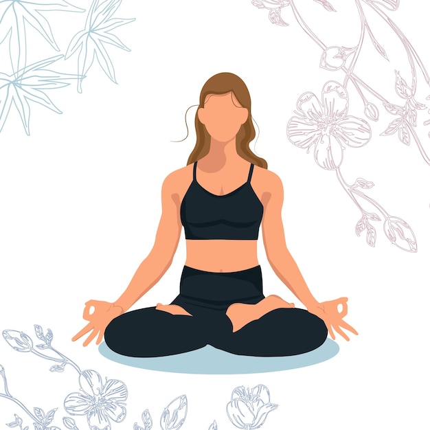 Vrouw zonder gezicht doet yoga oefeningen meditatie beoefent in lotus positie met sakura bloemen