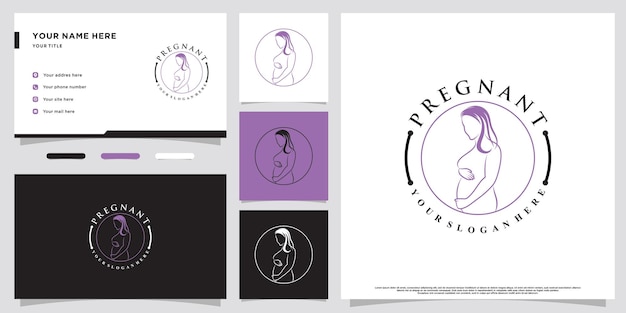 Vrouw zwangerschap logo ontwerpsjabloon met creatief modern concept en visitekaartje Premium Vector