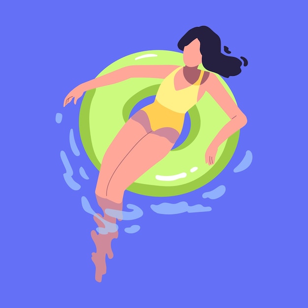 Vrouw zwemmen in opblaasbare ring in water zwembad meisje drijvend zonnebaden liggend op rubberen cirkel in zee op zomervakantie bovenaanzicht platte grafische vectorillustratie geïsoleerd op witte achtergrond