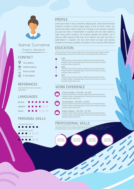 Vector vrouwelijk cv met infographic ontwerp stijlvolle cv-set voor vrouwen
