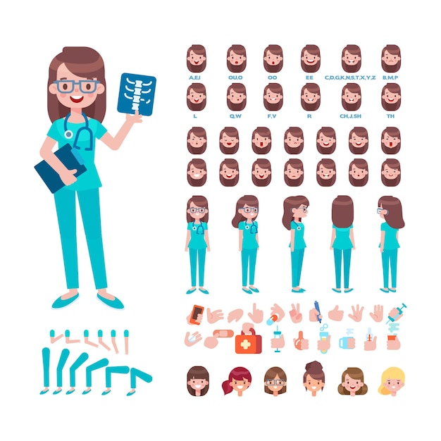 Vrouwelijk dokterskarakter voor animatie Voorzijde achteraanzicht vector