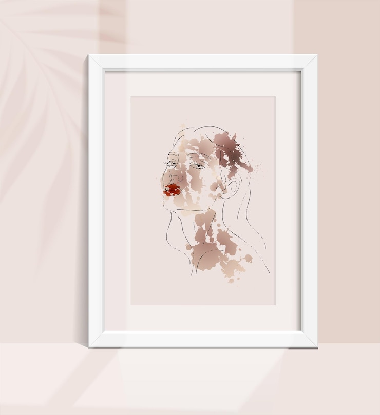 Vector vrouwelijk gezicht, trendy lijnstijl. waterverfverf in afbeeldingsframe op de muur mock up sjabloon.