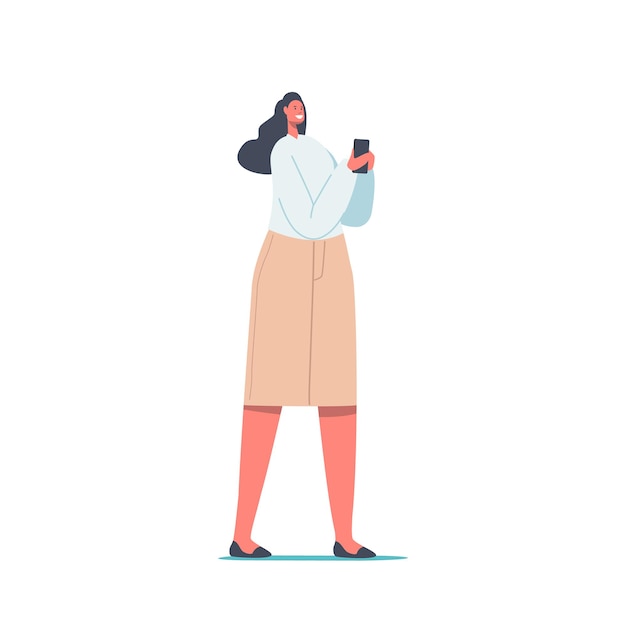 Vrouwelijk karakter met Smartphone. Internetentertainment, jonge vrouw die sms schrijft, communiceren in sociale medianetwerken, video kijken, chatten of daten op de site. Cartoon vectorillustratie