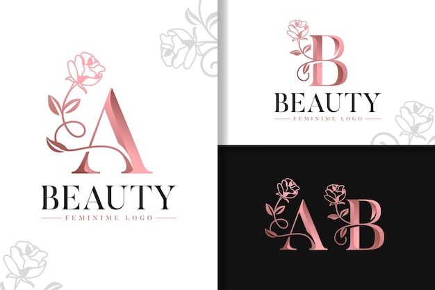 Vrouwelijk monogram roségouden logo letter a en b met bloemen