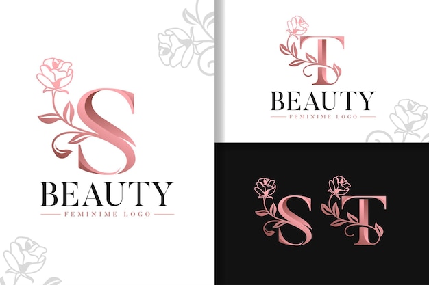 Vrouwelijk monogram roségouden logo letter s en t met bloemen