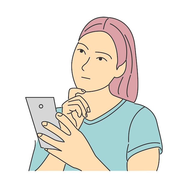 Vrouwelijk personage houdt de telefoon vast en denkt Minimale cartoonstijl
