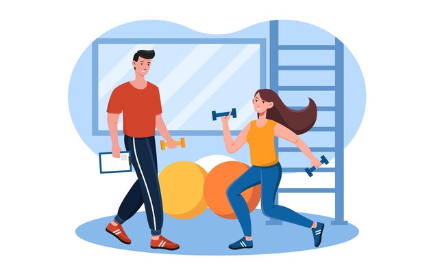 Vector vrouwelijk personage is aan het trainen in de sportschool met een fitness trainer vrouw is aan het squatten met twee dumbbells