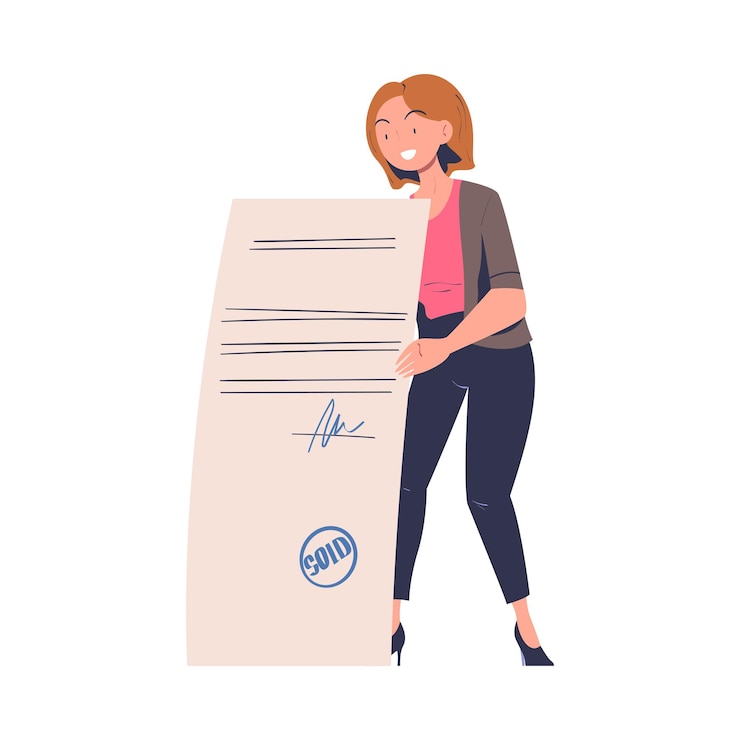 Vector vrouwelijk personage met een enorm papieren document dat een contract en een deal overeenkomst maakt vector illustratie