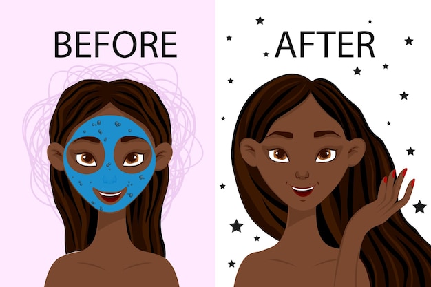 vrouwelijk personage voor en na cosmetisch masker