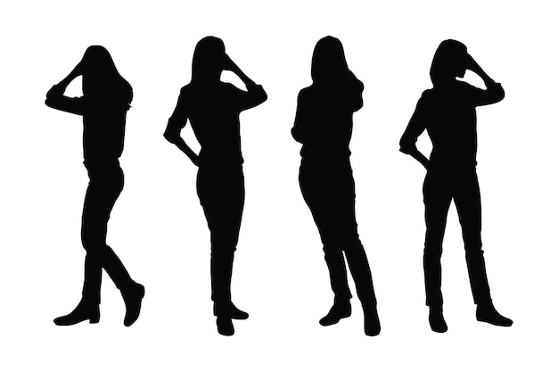 Vrouwelijke actrices die mode-uniformen dragen en staande silhouetcollecties Anoniem meisjesmodel en acteur silhouet set vector Vrouwelijke mode-modellen met anonieme gezichten silhouet