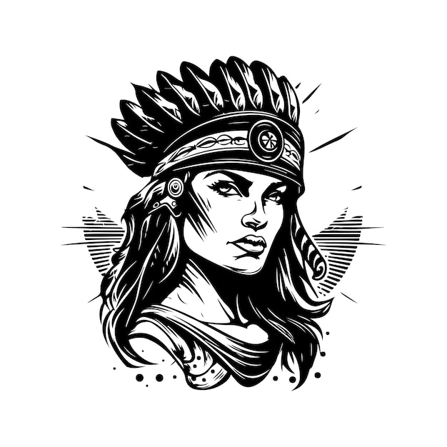 Vrouwelijke amazone krijger vintage logo lijntekeningen concept zwart-witte kleur hand getekende illustratie