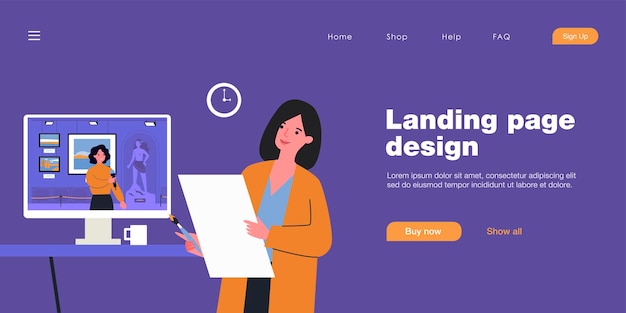 Vrouwelijke artiest bekijkt museumtentoonstelling online. gids op computerscherm presenteren exposities platte vectorillustratie. technologie, online galerijconcept voor banner, websiteontwerp of bestemmingspagina