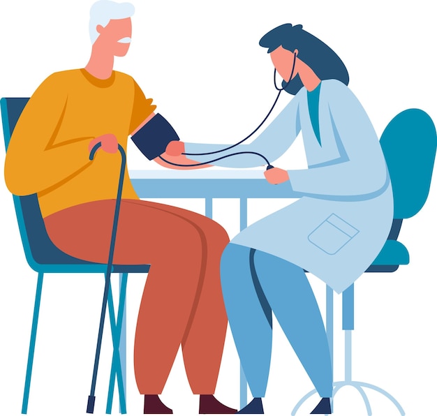 Vrouwelijke arts met behulp van een sphygmomanometer en stethoscoop die de bloeddruk meet van een oudere mannelijke patiënt die op een stoel zit en een wandelstok vasthoudt tijdens een medisch onderzoek in een ziekenhuis of kliniek
