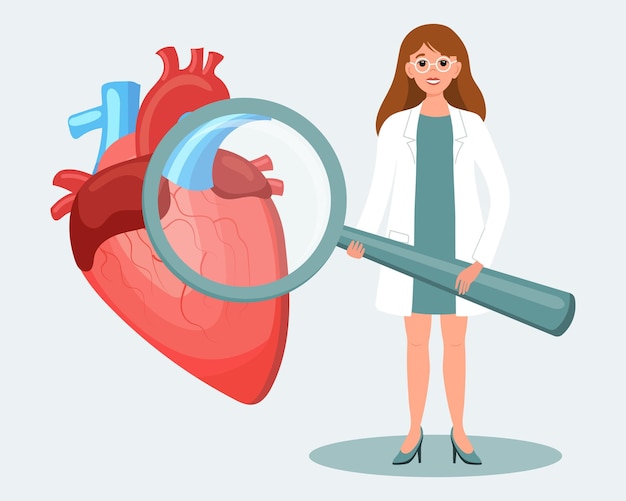 Vector vrouwelijke arts met een vergrootglas en menselijk hart medische diagnose van menselijk cardiosysteem