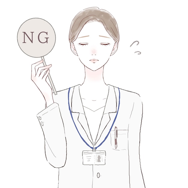 Vrouwelijke arts met NG-teken. Op witte achtergrond.