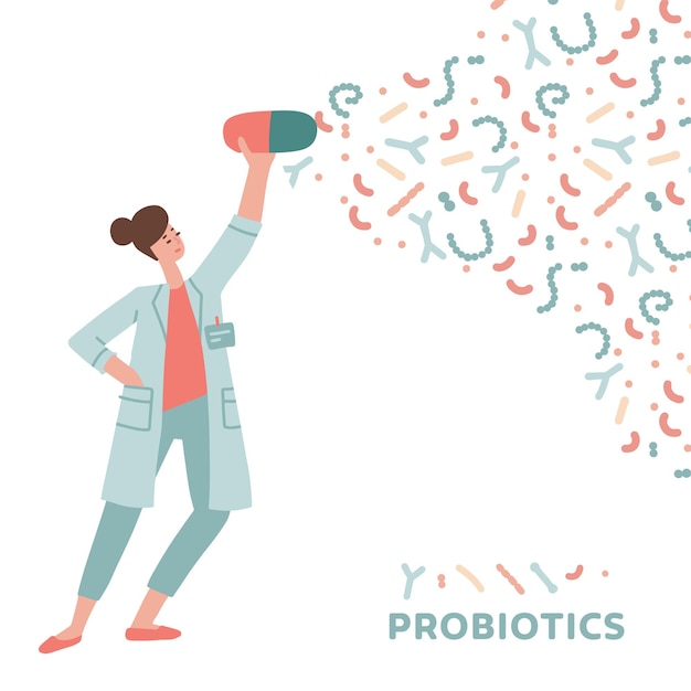 Vrouwelijke arts met probiotica capsule Concept probiotische dysbacteriose intestinale microflora microbioom microbiota problemen met de spijsvertering en immuniteit Hand getekend platte vectorillustratie