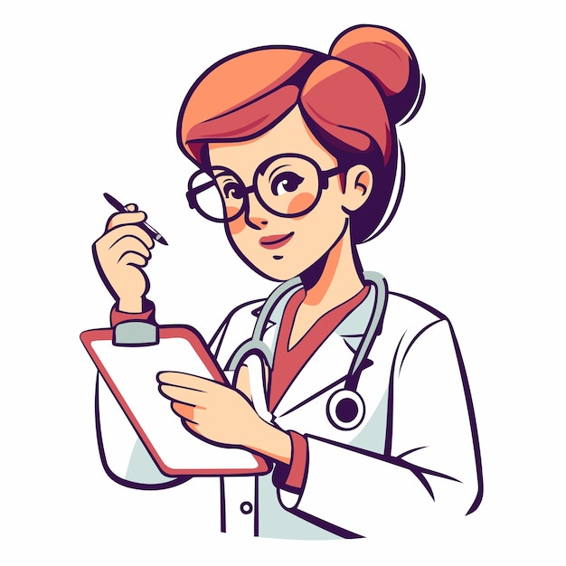 Vrouwelijke arts met stethoscoop schrijft op het klembord Vector illustratie