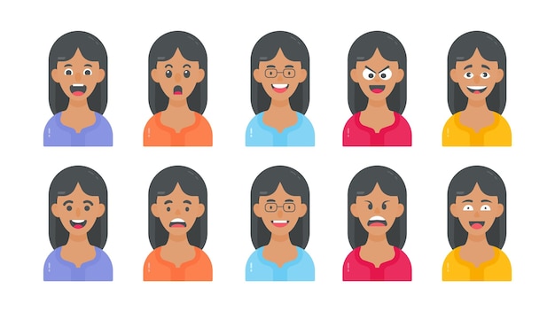 Vrouwelijke avatar en cartoon gezicht met verschillende gezichtsuitdrukkingen en karakter illustratie set