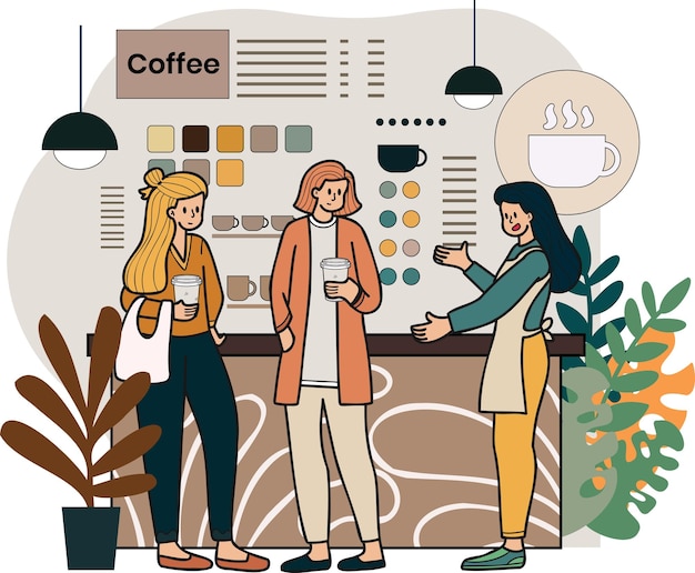 Vrouwelijke barista in gesprek met klant in café illustratie in doodle stijl