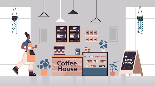 Vector vrouwelijke barista in uniform werken in koffiehuis serveerster in schort koffie serveren moderne café interieur horizontale volledige lengte vectorillustratie