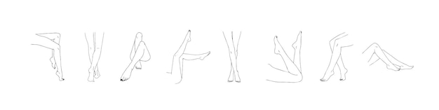 Vrouwelijke benen collectie. Handgetekende lineaire vrouwenvoeten